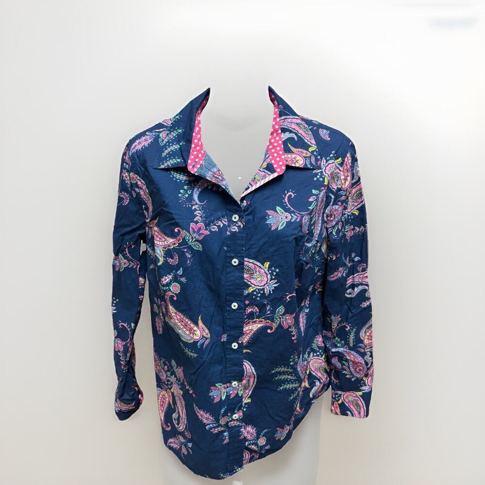 Talbots Womens Small Paisley Button Up Shirt Blue Pink Long Sleeve Stretch Top